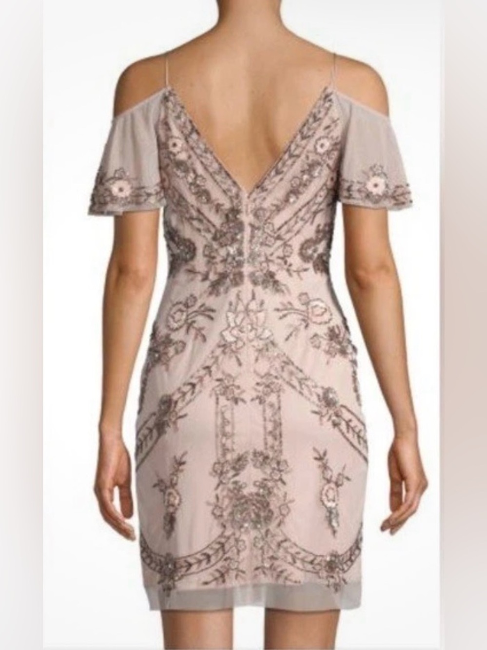 Aidan Mattox Dress Beaded Gatsby Cocktail Nude Champagne Floral Sequin Mesh 4 - Picture 12 of 14